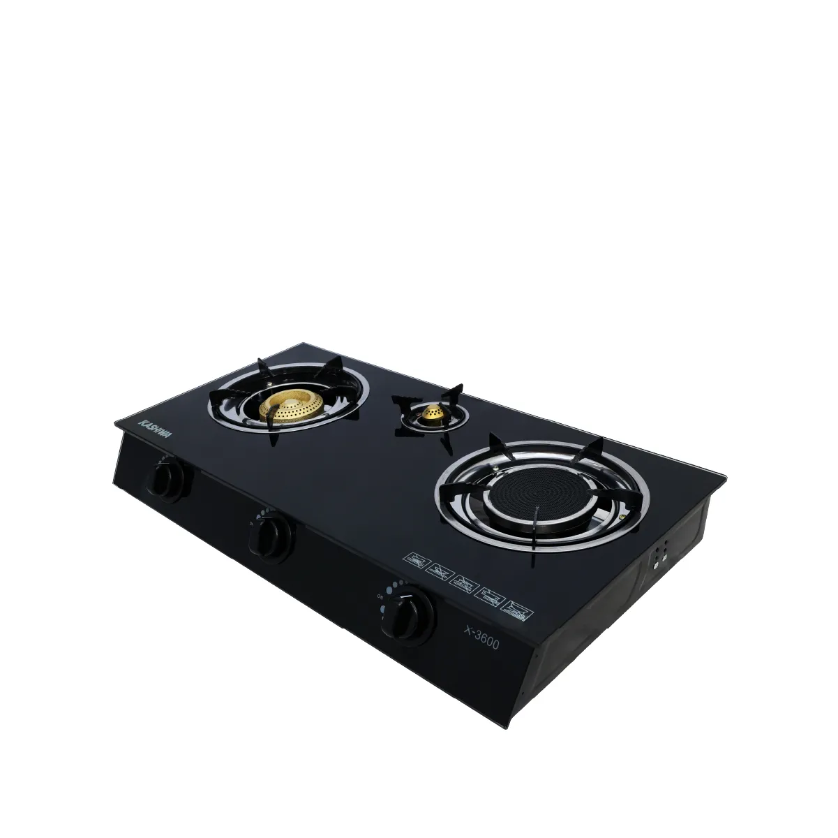 รูปสินค้า x-3600 ด้านข้าง เตาแก็สหน้ากระจก สามหัว หัวฟู่ หัวเปลว หัวอินฟาเรด