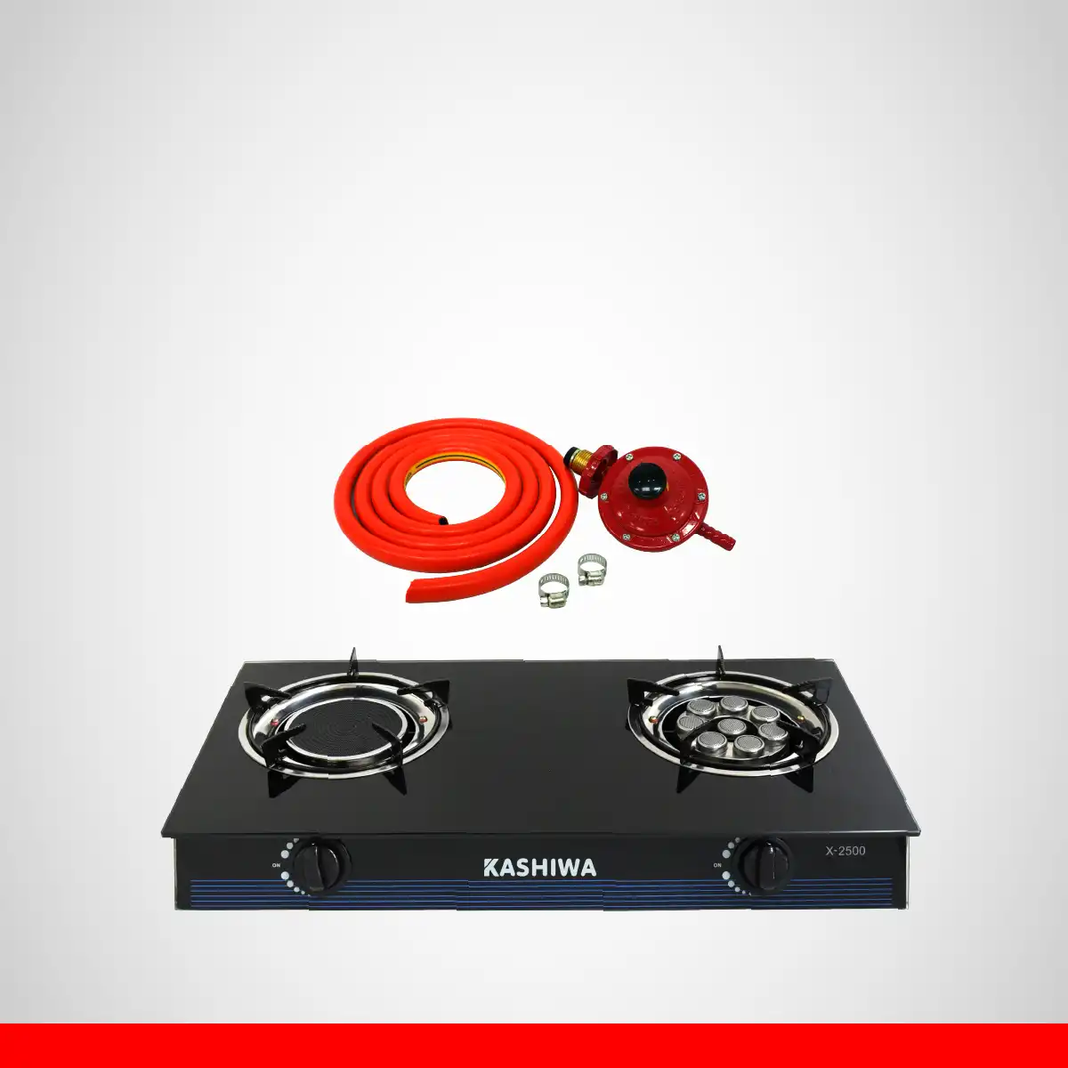 เตาแก๊ส หน้ากระจก หัวอินฟาเรด หัวเทอร์โบ รุ่น X-2500 + หัวปรับแรงดันต่ำ พร้อมสายแก๊ส ยาว 1.8 เมตร